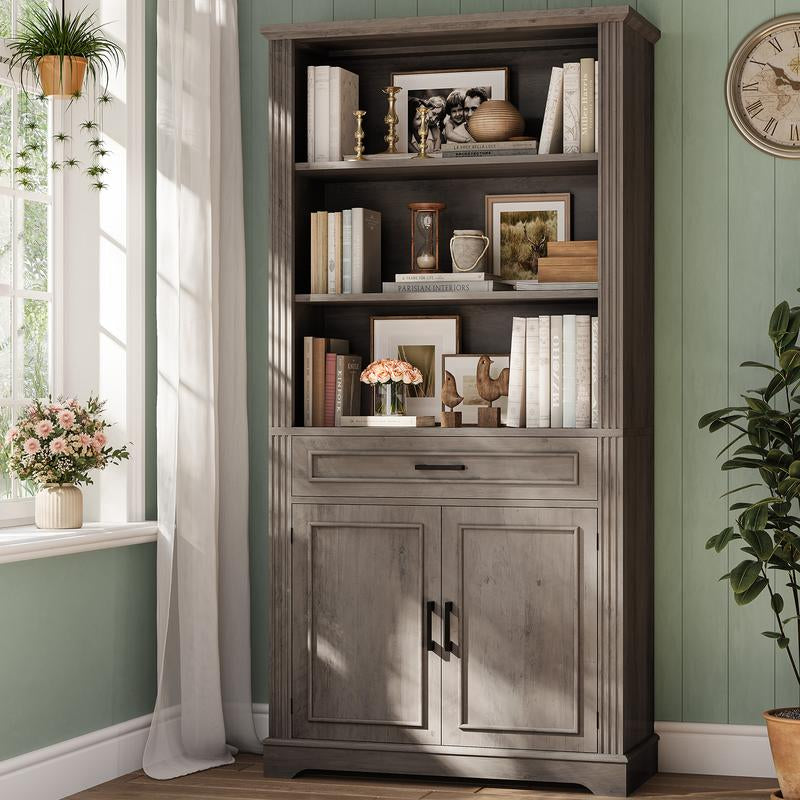 SEDETA 70 Inch Farmhouse Bookcases with Doors and Drawer Floor Standing 6 Shelf Display Storage Shelves