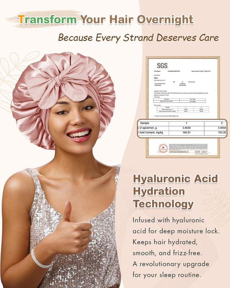 BONNET QUEEN Hyaluronic Acid Bonnet with Elastic Band & Scrunchie for Curly Hair - Machine Washable Double Moisture Anti-Frizz Satin Nightcap Gift for Women Beanie