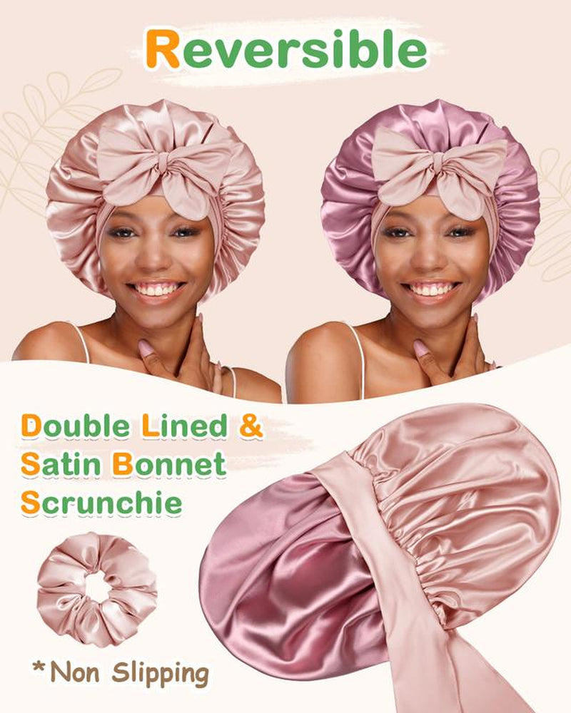 BONNET QUEEN Hyaluronic Acid Bonnet with Elastic Band & Scrunchie for Curly Hair - Machine Washable Double Moisture Anti-Frizz Satin Nightcap Gift for Women Beanie