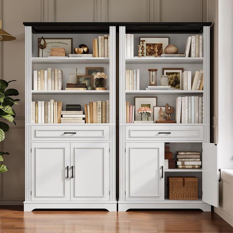 SEDETA 70 Inch Farmhouse Bookcases with Doors and Drawer Floor Standing 6 Shelf Display Storage Shelves