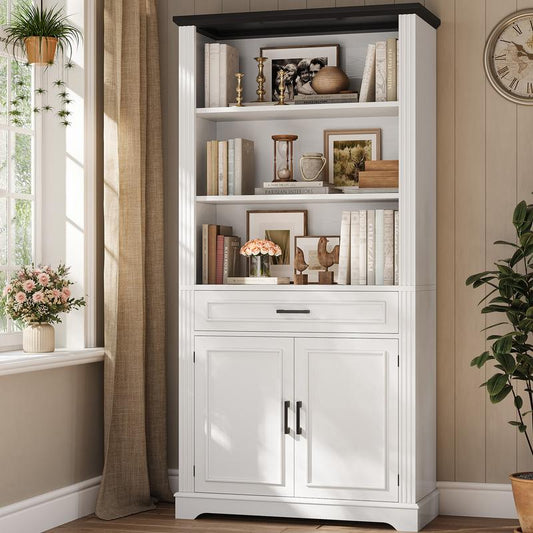 SEDETA 70 Inch Farmhouse Bookcases with Doors and Drawer Floor Standing 6 Shelf Display Storage Shelves