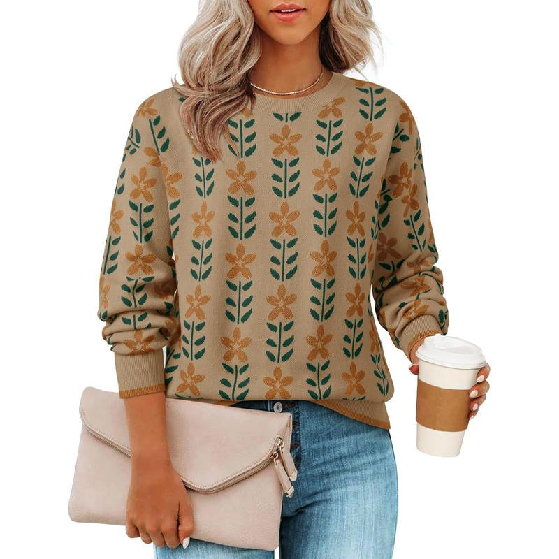 ZESICA Women'S Long Sleeve Crewneck Sweater 2025 Fall Printed Cute Oversized Knitted Pullover Tops Trendy Clothes