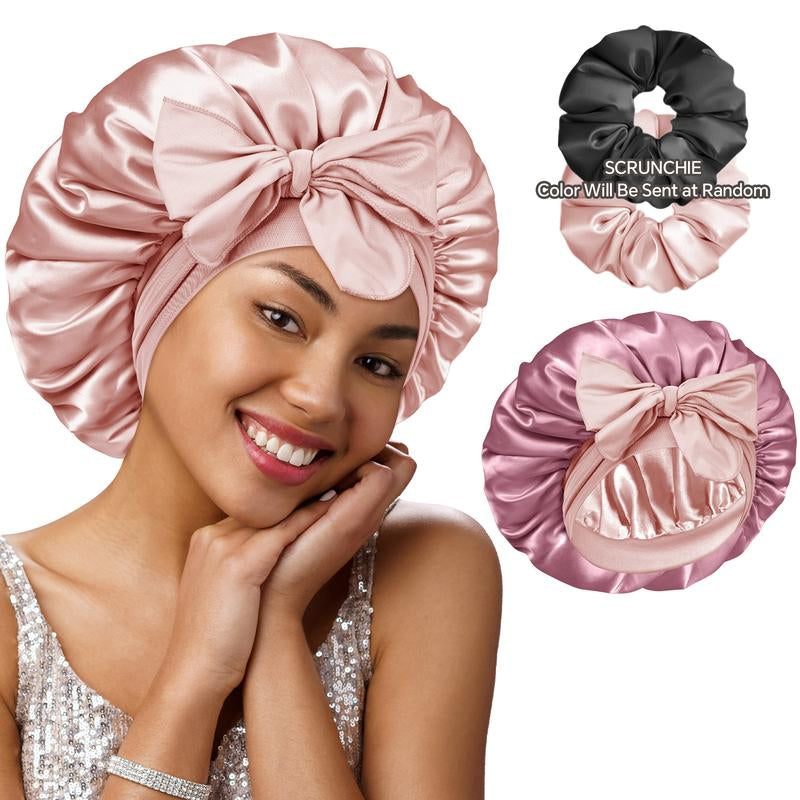 BONNET QUEEN Hyaluronic Acid Bonnet with Elastic Band & Scrunchie for Curly Hair - Machine Washable Double Moisture Anti-Frizz Satin Nightcap Gift for Women Beanie