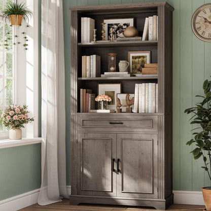 SEDETA 70 Inch Farmhouse Bookcases with Doors and Drawer Floor Standing 6 Shelf Display Storage Shelves