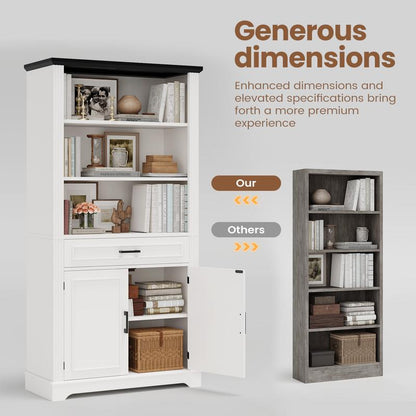 SEDETA 70 Inch Farmhouse Bookcases with Doors and Drawer Floor Standing 6 Shelf Display Storage Shelves