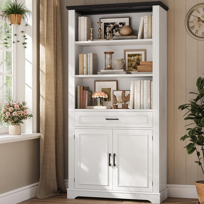 SEDETA 70 Inch Farmhouse Bookcases with Doors and Drawer Floor Standing 6 Shelf Display Storage Shelves