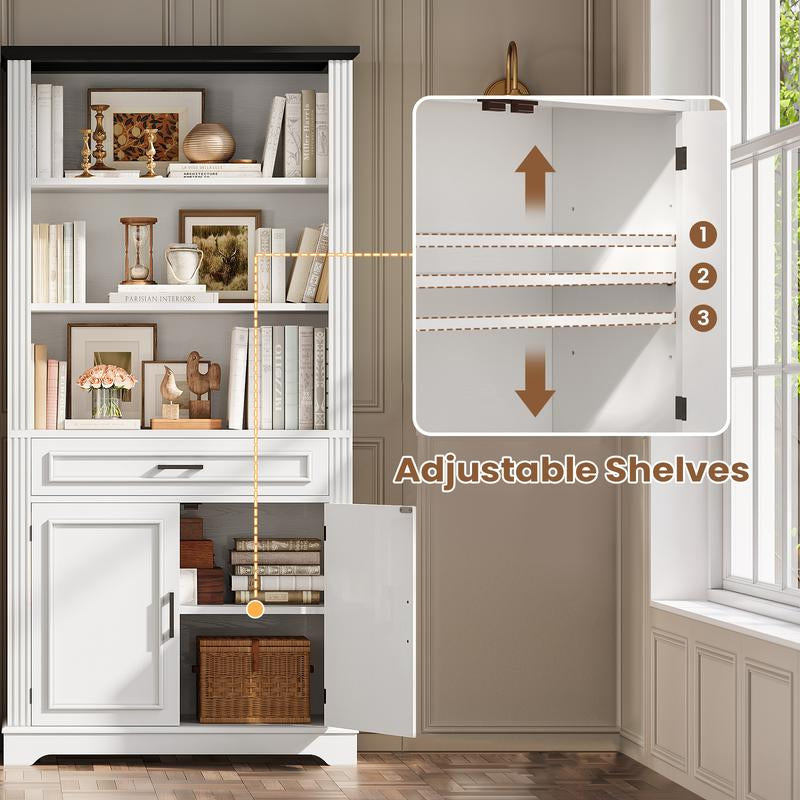 SEDETA 70 Inch Farmhouse Bookcases with Doors and Drawer Floor Standing 6 Shelf Display Storage Shelves