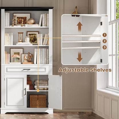 SEDETA 70 Inch Farmhouse Bookcases with Doors and Drawer Floor Standing 6 Shelf Display Storage Shelves