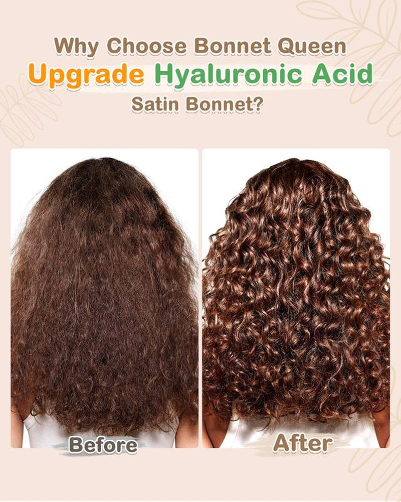 BONNET QUEEN Hyaluronic Acid Bonnet with Elastic Band & Scrunchie for Curly Hair - Machine Washable Double Moisture Anti-Frizz Satin Nightcap Gift for Women Beanie