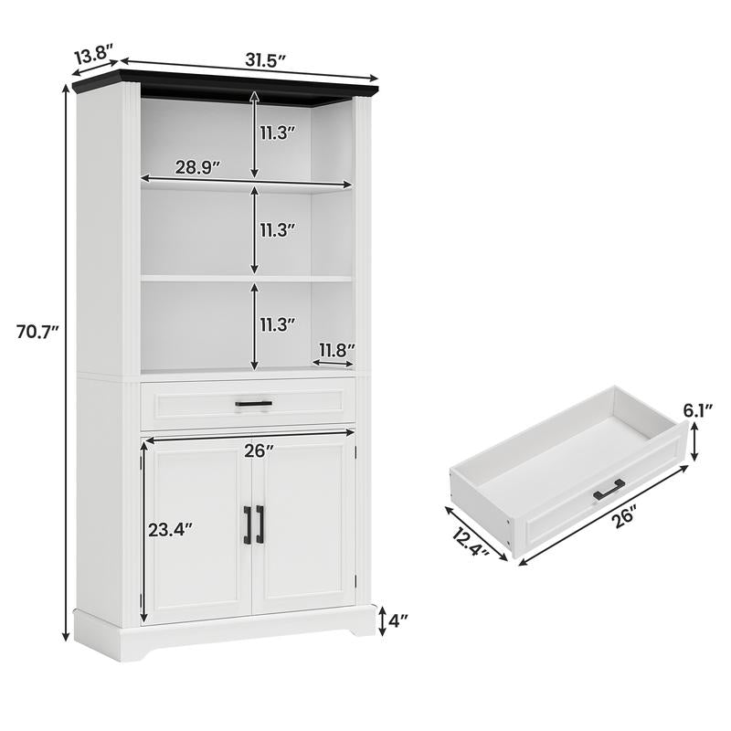 SEDETA 70 Inch Farmhouse Bookcases with Doors and Drawer Floor Standing 6 Shelf Display Storage Shelves