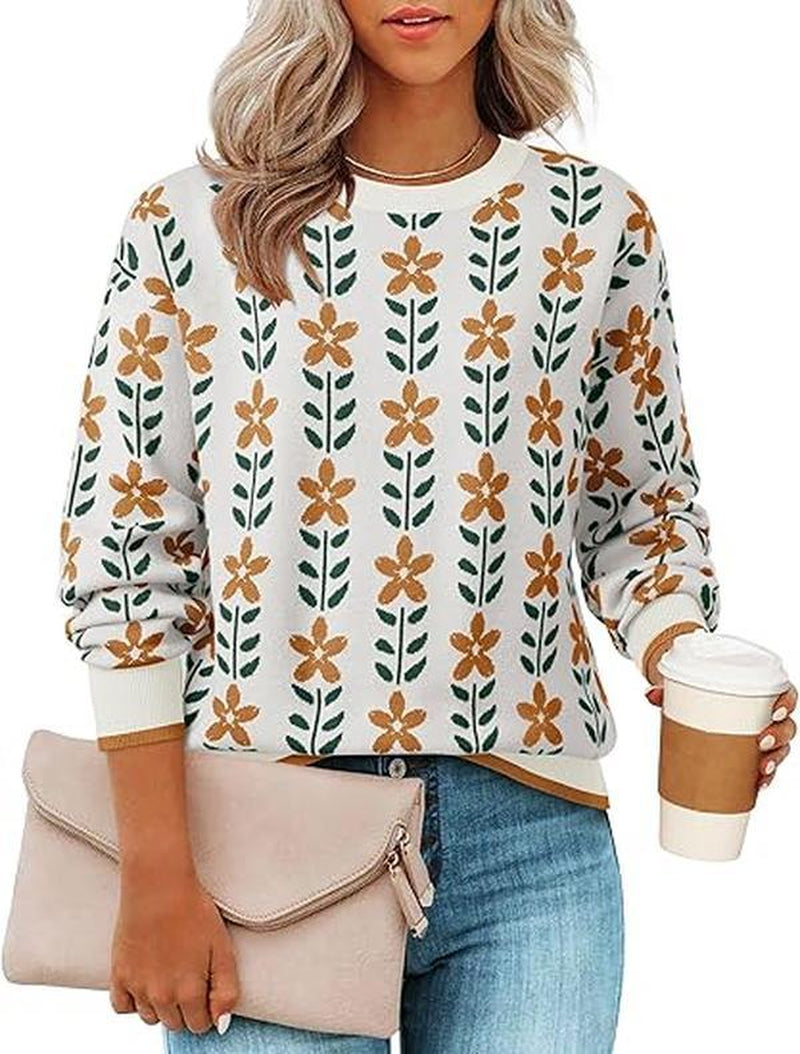 ZESICA Women'S Long Sleeve Crewneck Sweater 2025 Fall Printed Cute Oversized Knitted Pullover Tops Trendy Clothes