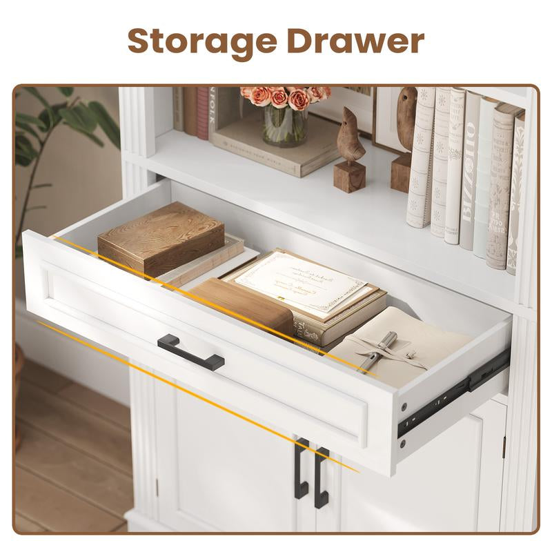 SEDETA 70 Inch Farmhouse Bookcases with Doors and Drawer Floor Standing 6 Shelf Display Storage Shelves