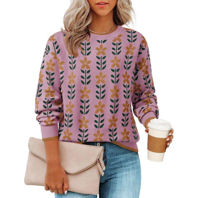 ZESICA Women'S Long Sleeve Crewneck Sweater 2025 Fall Printed Cute Oversized Knitted Pullover Tops Trendy Clothes