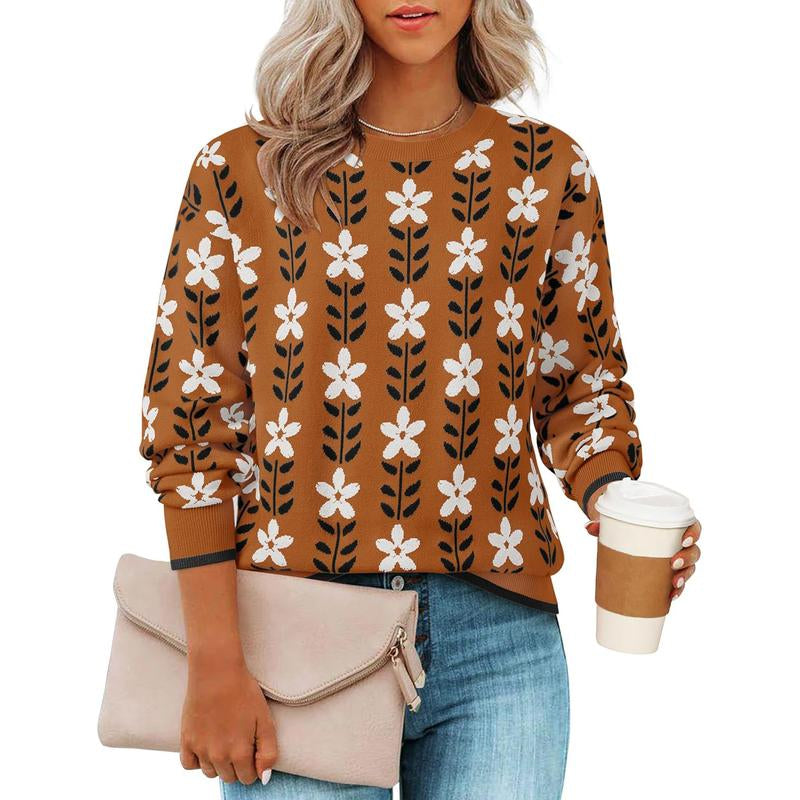 ZESICA Women'S Long Sleeve Crewneck Sweater 2025 Fall Printed Cute Oversized Knitted Pullover Tops Trendy Clothes