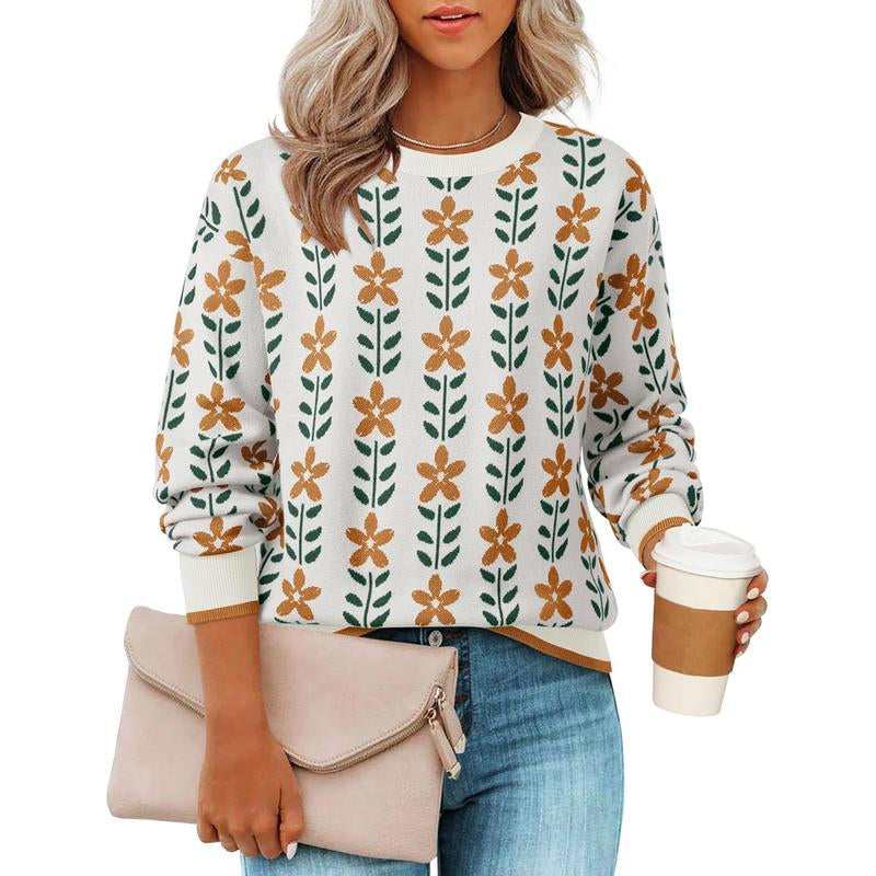 ZESICA Women'S Long Sleeve Crewneck Sweater 2025 Fall Printed Cute Oversized Knitted Pullover Tops Trendy Clothes