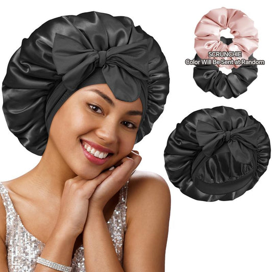 BONNET QUEEN Hyaluronic Acid Bonnet with Elastic Band & Scrunchie for Curly Hair - Machine Washable Double Moisture Anti-Frizz Satin Nightcap Gift for Women Beanie